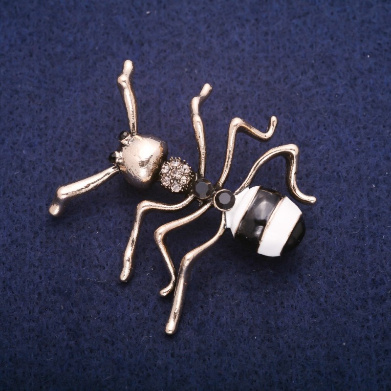 Sale! Ant Brooch with Enamel and Crystals, Gold-Tone Metal 44x45mm