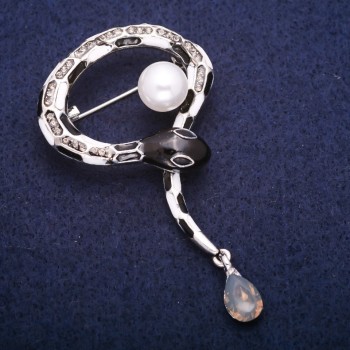 Sale! Snake Brooch with Enamel, Bead, and Gray Rhinestones, Silver-Tone Metal 37x53mm