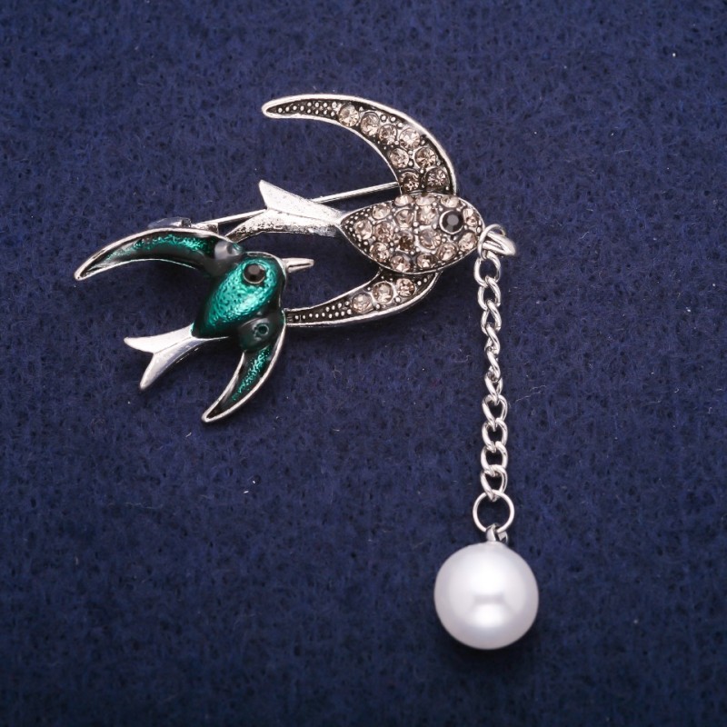 Sale! Birds Brooch with Enamel, Bead, and Rhinestones, Gray Metal 32x41mm