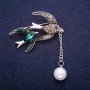 Sale! Birds Brooch with Enamel, Bead, and Rhinestones, Gray Metal 32x41mm