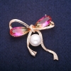 Sale! Bow Brooch with Bead and Yellow-Pink Crystals in Swarovski Style, Gold-Tone Metal 45x47mm