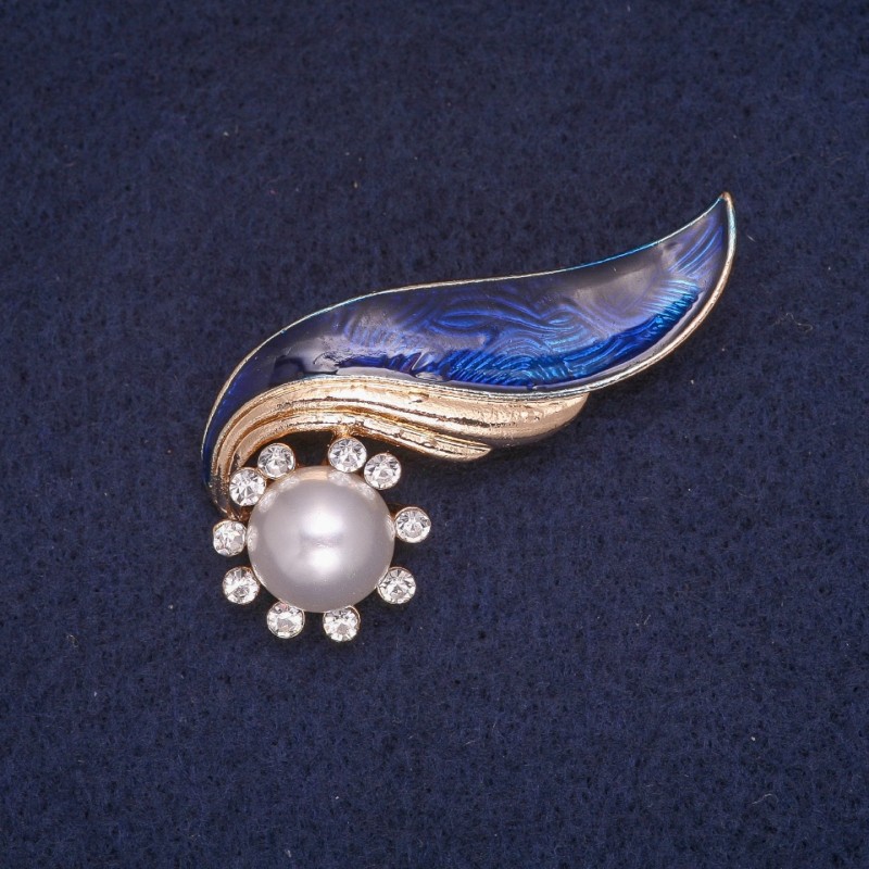 Elegy Brooch with Blue Enamel, Bead, and White Rhinestones, Gold-Tone Metal 25x51mm