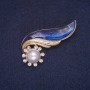 Elegy Brooch with Blue Enamel, Bead, and White Rhinestones, Gold-Tone Metal 25x51mm