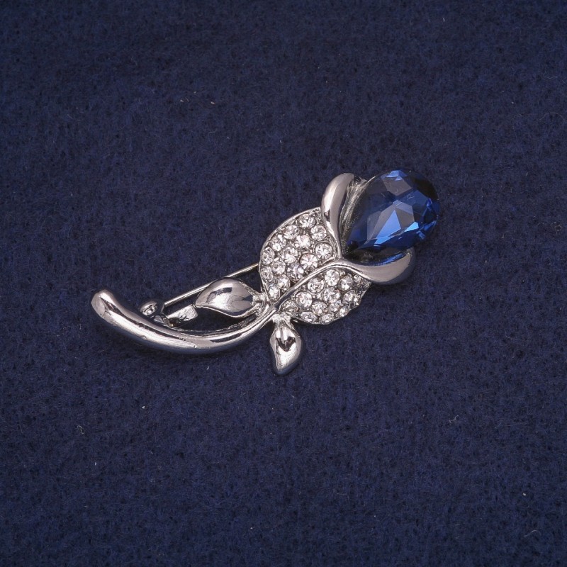 Sale! Rose Brooch with Blue Crystal and White Rhinestones, Silver-Tone Metal 24x45mm