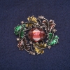 Sale! Leaves Brooch with Enamel and Crystal, Gray Metal 39x43mm +