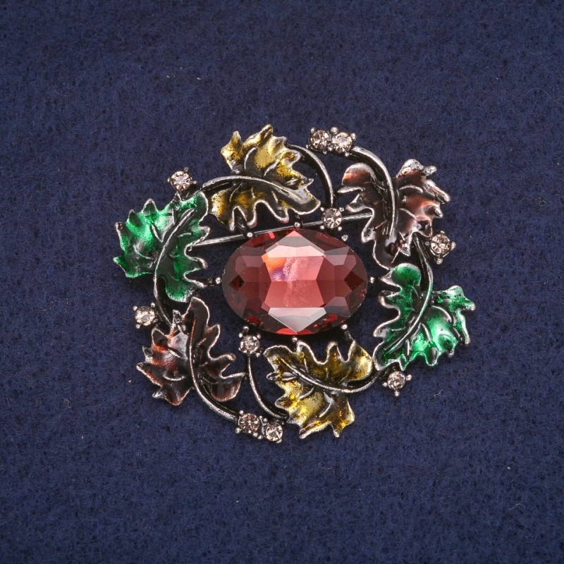 Sale! Leaves Brooch with Enamel and Crystal, Gray Metal 39x43mm +