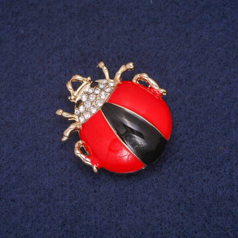 Sale! Ladybug Brooch with Enamel and White Rhinestones, Gold-Tone Metal 28x31mm
