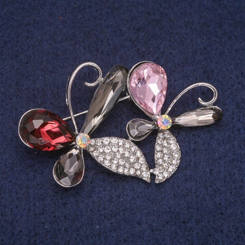 Sale! Little Flower Brooch with Crystals, Silver-Tone Metal 34x51mm