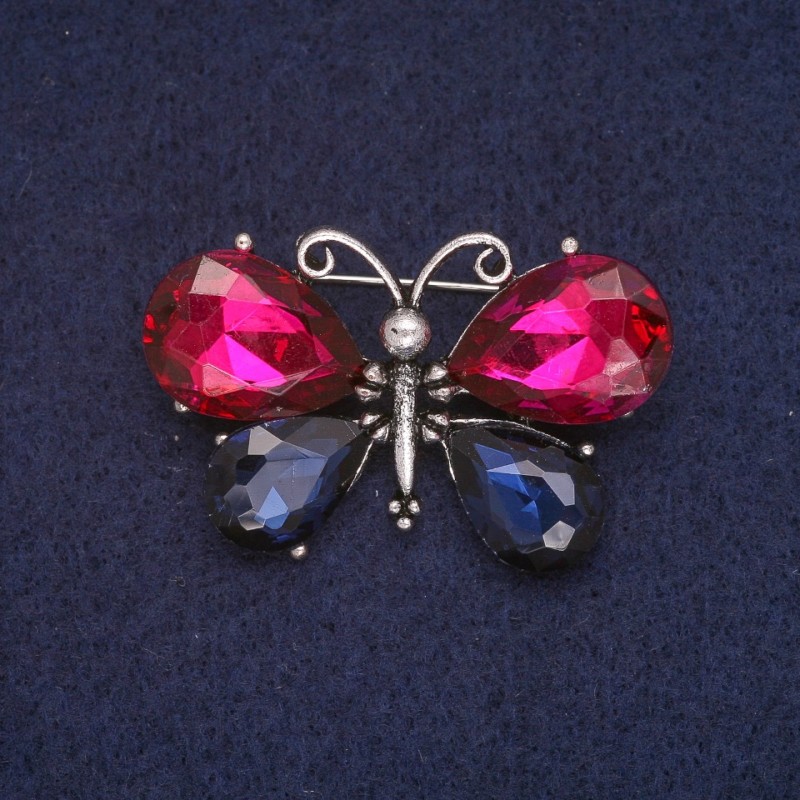 Butterfly Brooch with Raspberry and Blue Crystals, Silver-Tone Metal 26x40mm