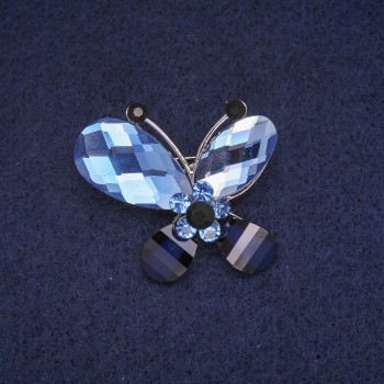 Butterfly Brooch with Blue and Black Crystals, Silver-Tone Metal 28x32mm