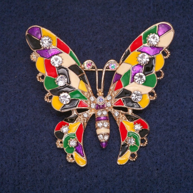 Sale! Butterfly Brooch with Colored Enamel and Rhinestones, Gold-Tone Metal 53x47mm