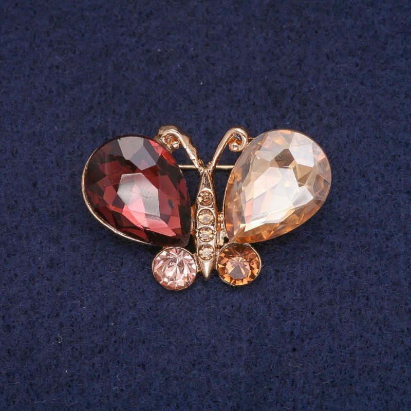 Butterfly Brooch with Burgundy and Champagne Crystals, Gold-Tone Metal 22x34mm