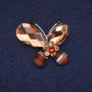 Butterfly Brooch with Brown Crystals, Silver-Tone Metal 27x33mm