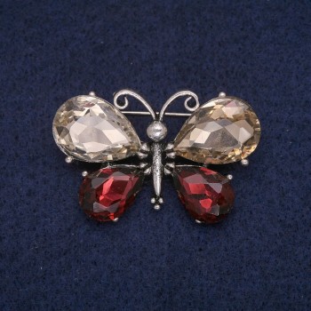 Butterfly Brooch with Champagne and Burgundy Crystals, Gray Metal 26x41mm