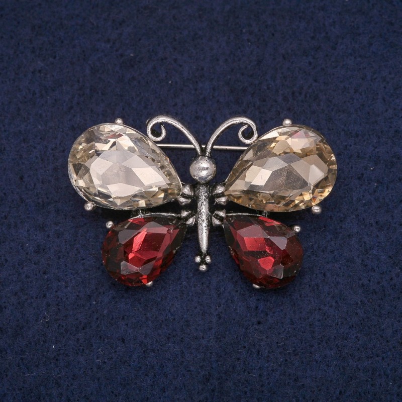 Butterfly Brooch with Champagne and Burgundy Crystals, Gray Metal 26x41mm