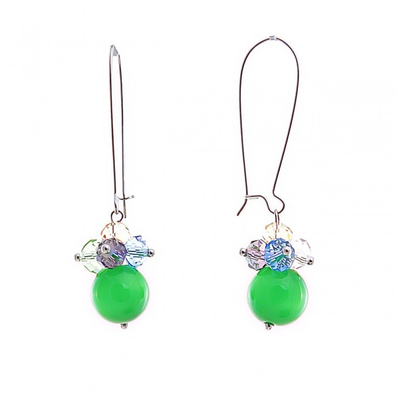 French Hook Earrings with Small Colored Crackle-Effect Beads and Apple-Green Cat's Eye Beads, 55mm