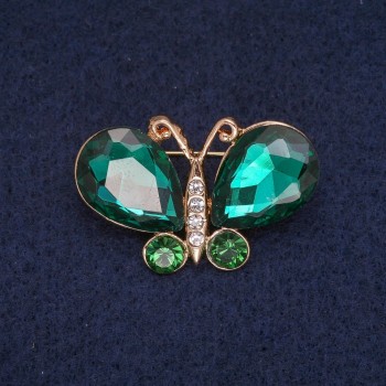 Butterfly Brooch with Green and White Crystals, Gold-Tone Metal 23x34mm