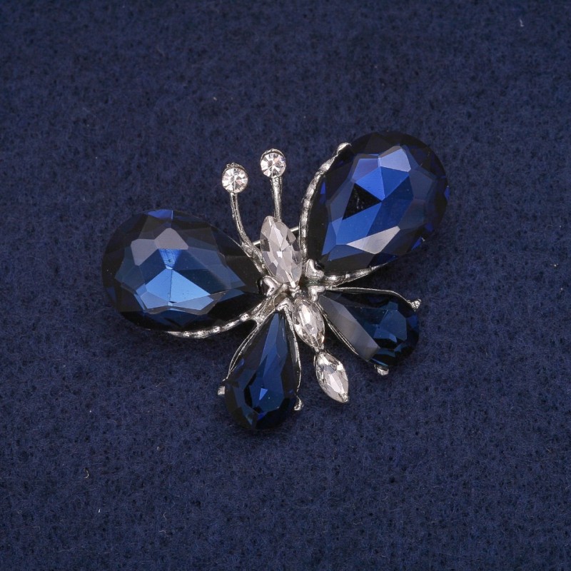 Butterfly Brooch with White and Blue Crystals, Silver-Tone Metal 28x38mm