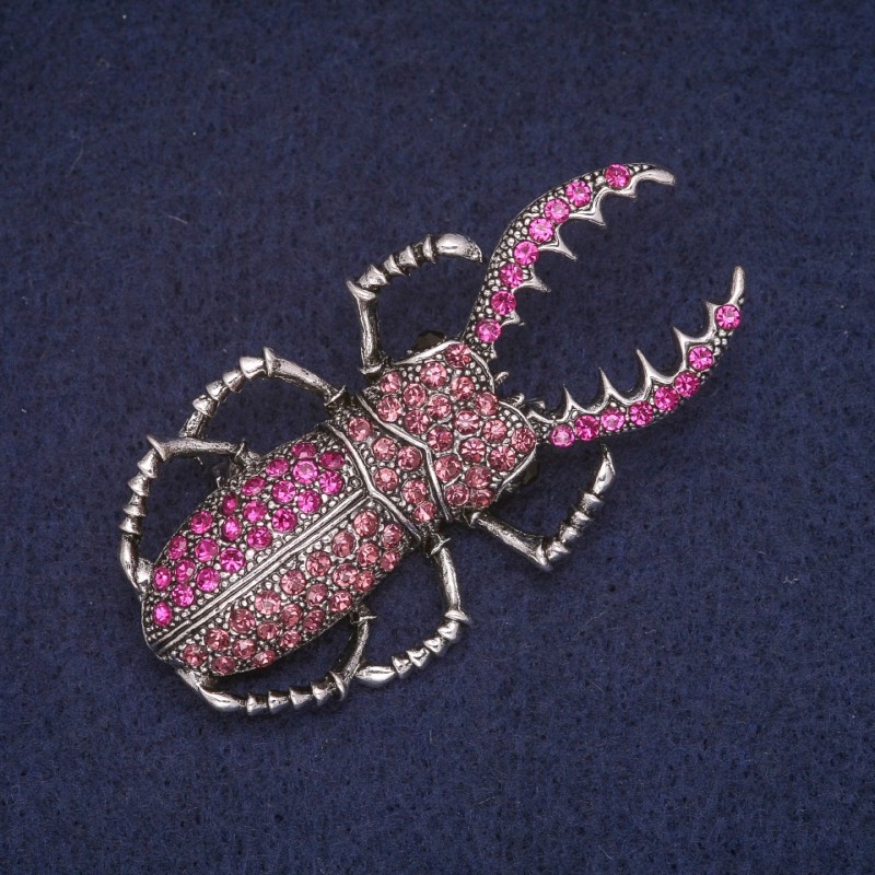 Sale! May Beetle Brooch with Pink Rhinestones, Silver-Tone Metal 29x55mm