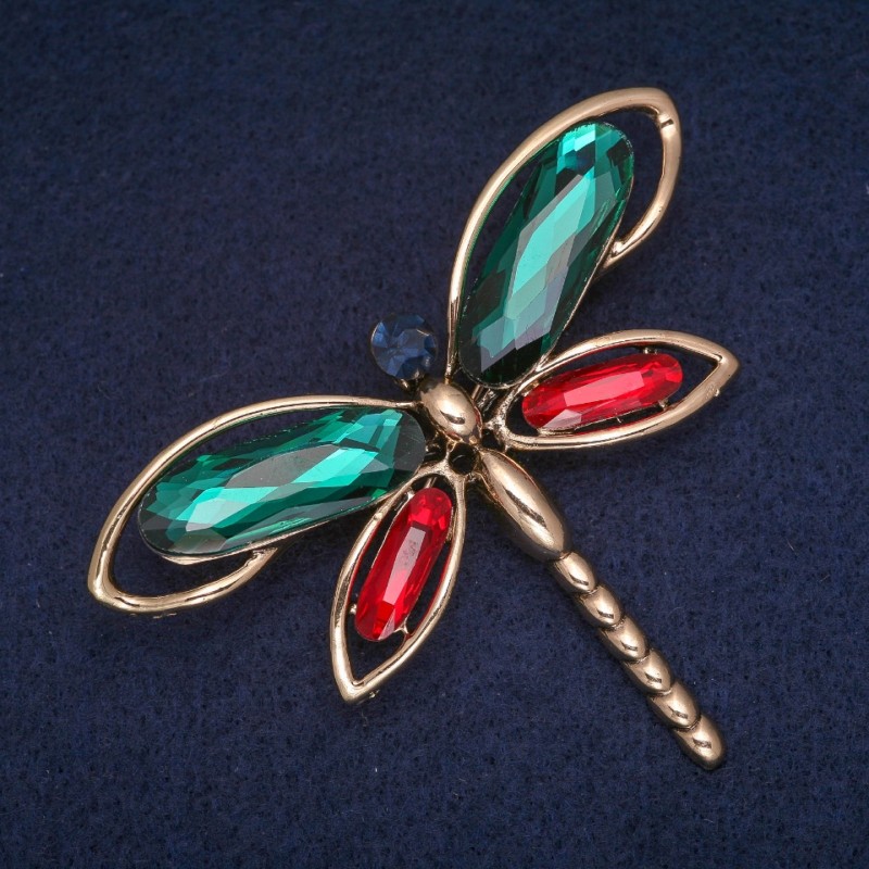 Sale! Dragonfly Brooch with Green, Red, and Blue Crystals, Gold-Tone Metal 54x71mm