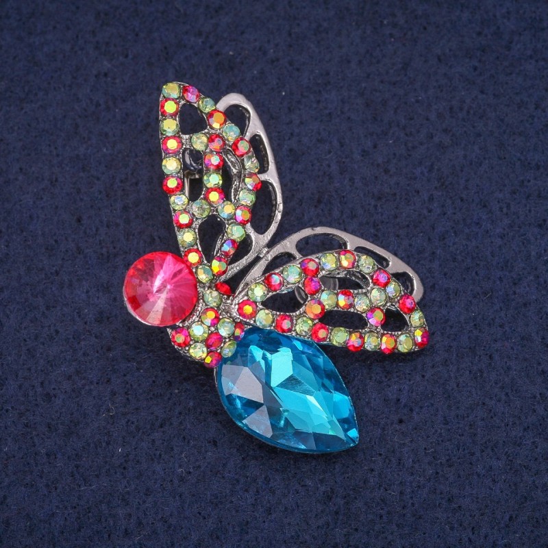 Sale! Butterfly Brooch with Crystals, Silver Metal 28x45mm