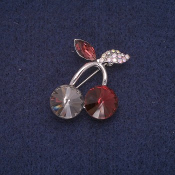 Cherries Brooch with Stones and Rhinestones, Gray-Burgundy Chameleon Color, 24x29mm, Silver Metal