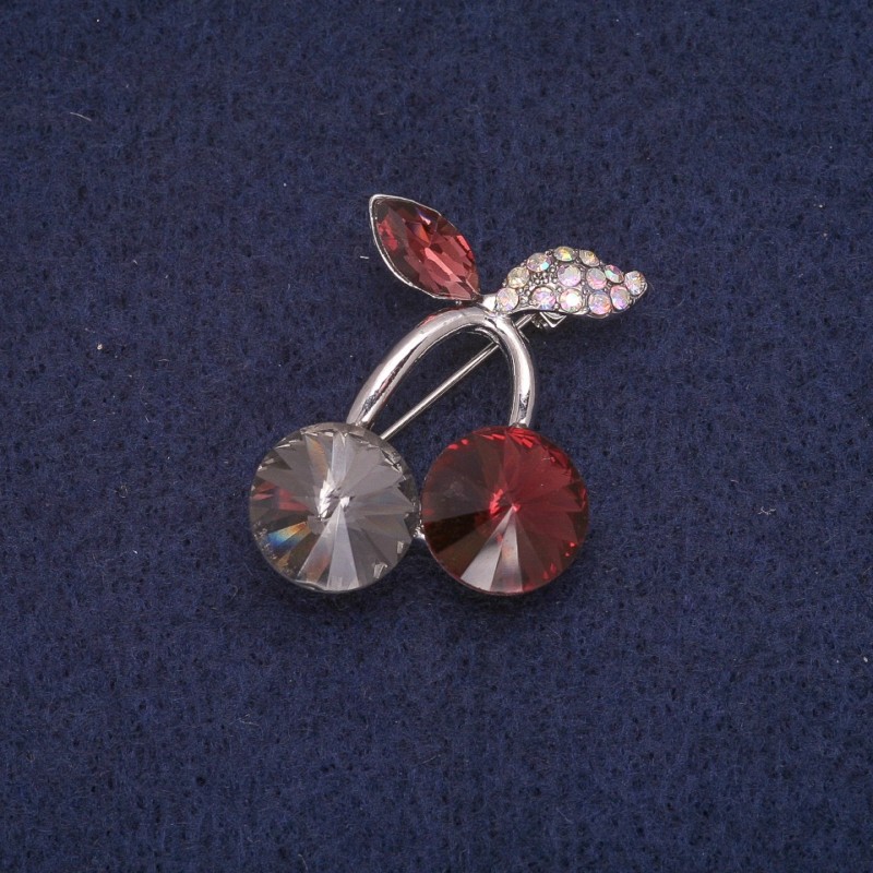 Cherries Brooch with Stones and Rhinestones, Gray-Burgundy Chameleon Color, 24x29mm, Silver Metal