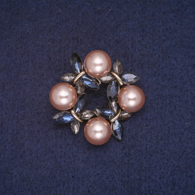 Sale! Wreath Brooch with Beads, Blue and Gray Crystals, Gold Metal Color 34x35mm