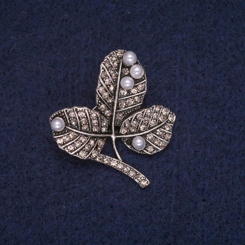 Sale! Leaves on a Branch Brooch with Beads and White Rhinestones, Gray Metal 29x32mm