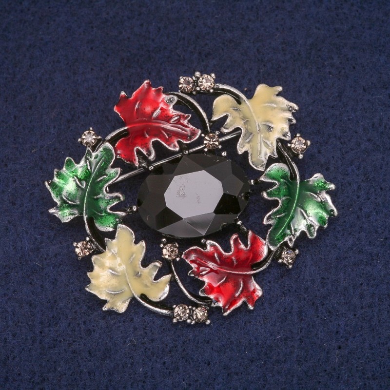 Sale! Leaves Brooch, Enamel with Crystal, Gray Metal 39x43mm