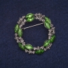 Sale! Wreath Brooch with Green Crystals and White Rhinestones, Gray Metal 36x37mm