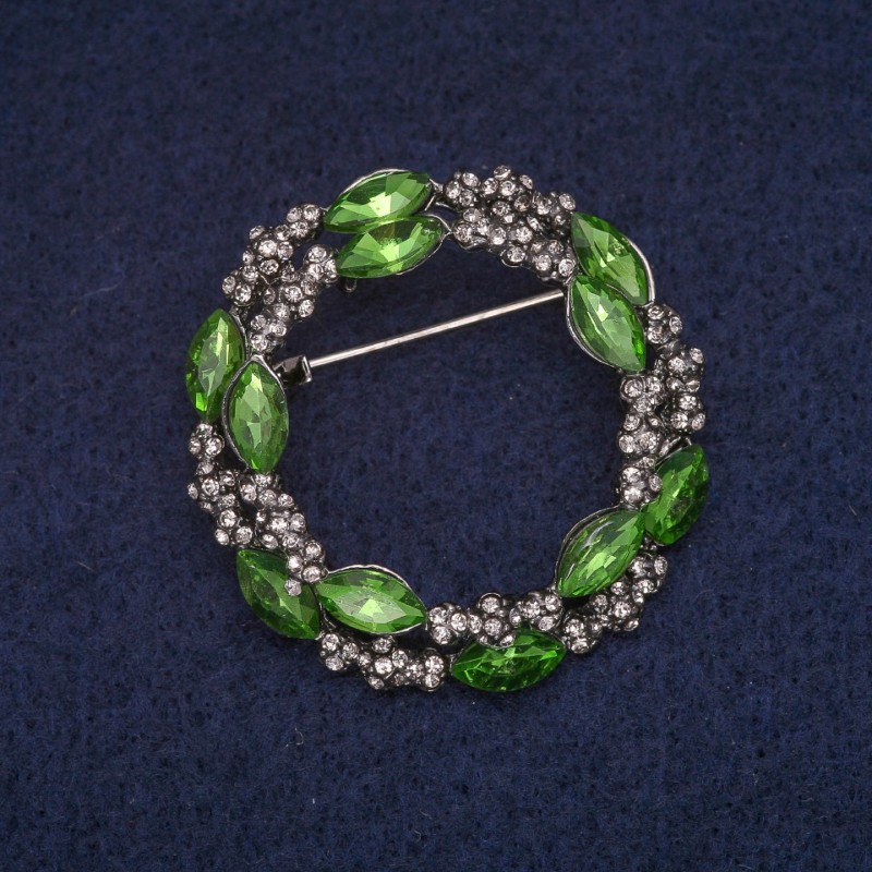 Sale! Wreath Brooch with Green Crystals and White Rhinestones, Gray Metal 36x37mm