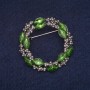 Sale! Wreath Brooch with Green Crystals and White Rhinestones, Gray Metal 36x37mm