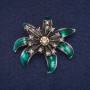 Sale! Flower Brooch with Green Enamel and Rhinestones, Gray Metal 37x41mm