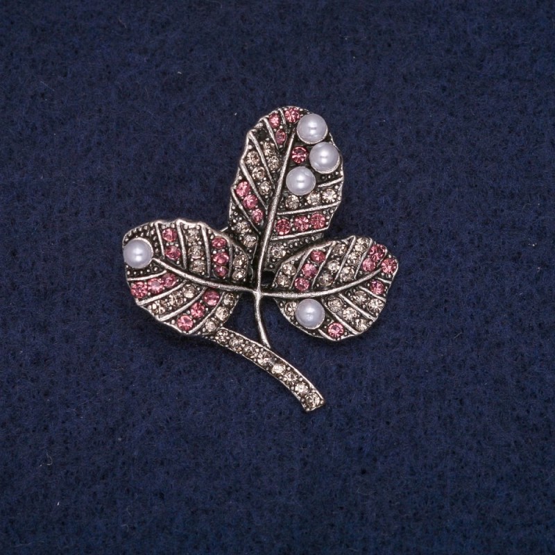 Sale! Leaves on a Branch Brooch with Beads, White and Pink Rhinestones, Gray Metal 29x32mm