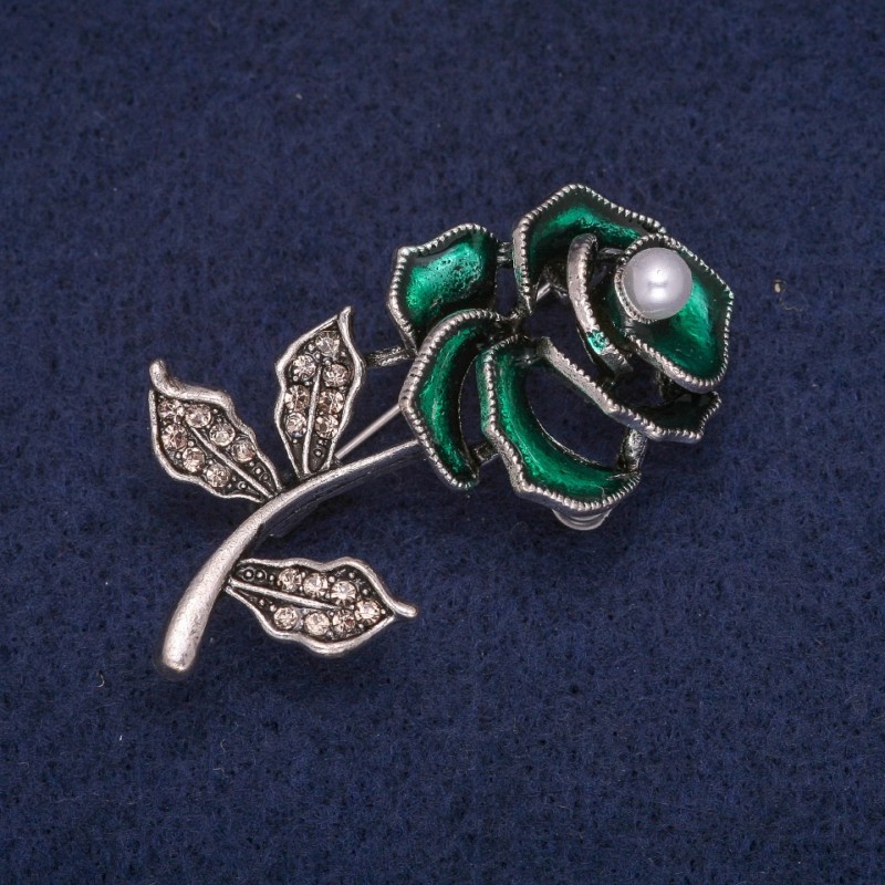Sale! Rose Brooch with Green Enamel, Bead, and Rhinestones, Silver Metal Color 23x48mm