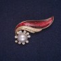 Elegy Brooch with Red Enamel, Bead, and White Rhinestones, Gold-Tone Metal 25x51mm