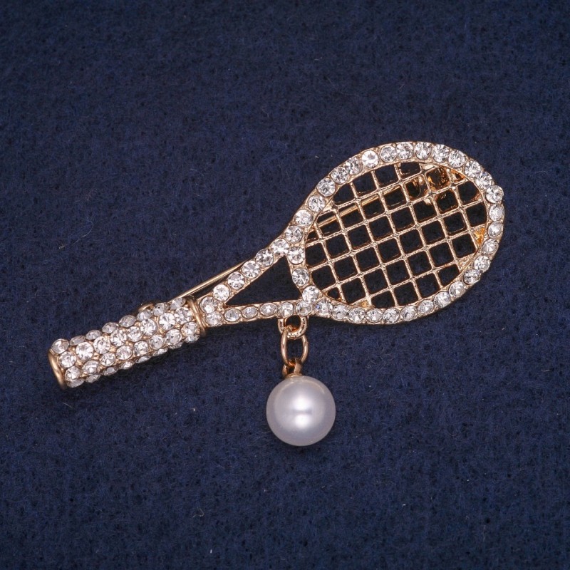 Sale! Racket Brooch with Bead Pendant and White Rhinestones, Gold-Tone Metal 21x55mm
