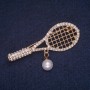 Sale! Racket Brooch with Bead Pendant and White Rhinestones, Gold-Tone Metal 21x55mm