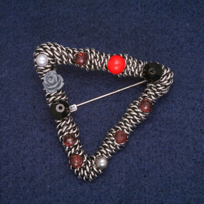 Geometric Brooch with Assorted Beads, Gray Metal, 42x47mm