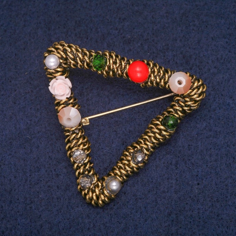 Geometric Brooch with Assorted Beads, Antique Gold Metal Color 42x47mm