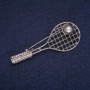 Sale! Tennis Racket Brooch with Ball Bead, Silver Metal, White Rhinestones 22x56mm