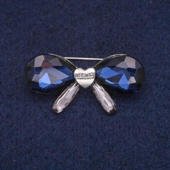 Sale! Bow Brooch with Blue Crystals, Silver-Tone Metal, 20x40mm