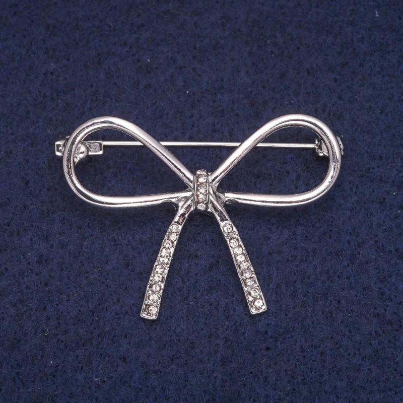 Bow Brooch with White Rhinestones, Silver-Tone Metal, 30x41mm