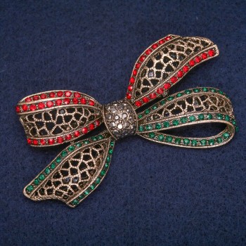 Clearance! Bow Brooch with Green, Red and Gray Rhinestones, Antique Gold-Tone Metal 38x72mm