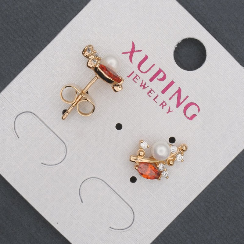 Xuping Stud Earrings with Red Crystals and Majorca Pearl, Diameter 8x13mm 18K Gold Plated