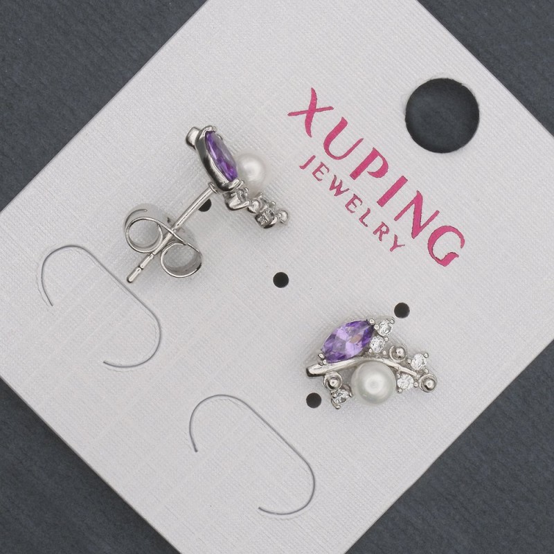 Xuping Stud Earrings with Lilac Crystals and Majorica Pearl, 8x13mm, Rhodium Plated
