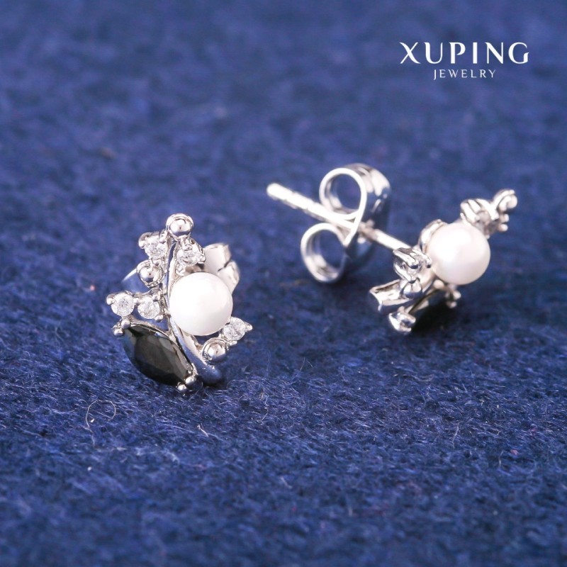 Xuping Stud Earrings with Black Crystals and Majorica Pearl, 8x13mm, Rhodium Plated
