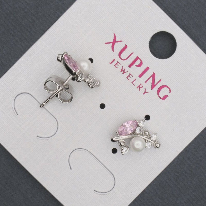 Xuping Stud Earrings with Pink Crystals and Majorica Pearl, 8x13mm, Rhodium Plated