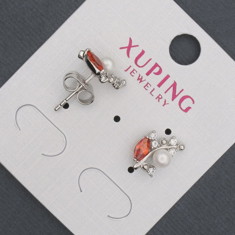 Xuping Stud Earrings with Red Crystals and Majorica Pearl, 8x13mm, Rhodium Plated